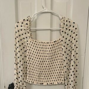 Reformation Black Polka Dot Smocked Blouse